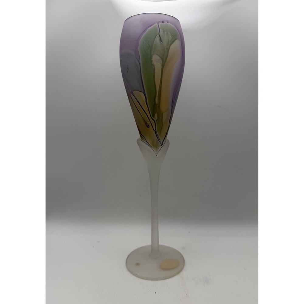Nouveau Art Hand Painted Frosted Art Glass Champagne Flute Rueven Glass 10.5"